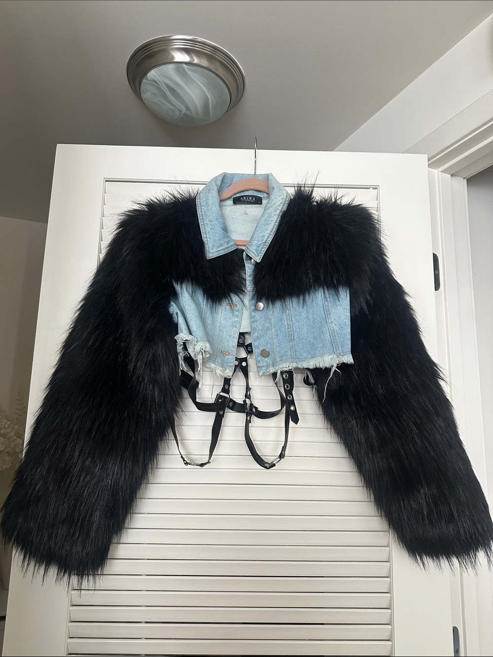 AKIRA Light Blue Denim Cropped Jacket with Black Faux Fur Sleeves